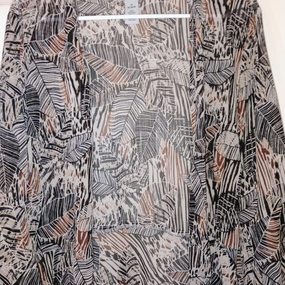 Catherines Neutral Leaf-Print Kimono Jacket in Black, Brown, Cream PTP 27"